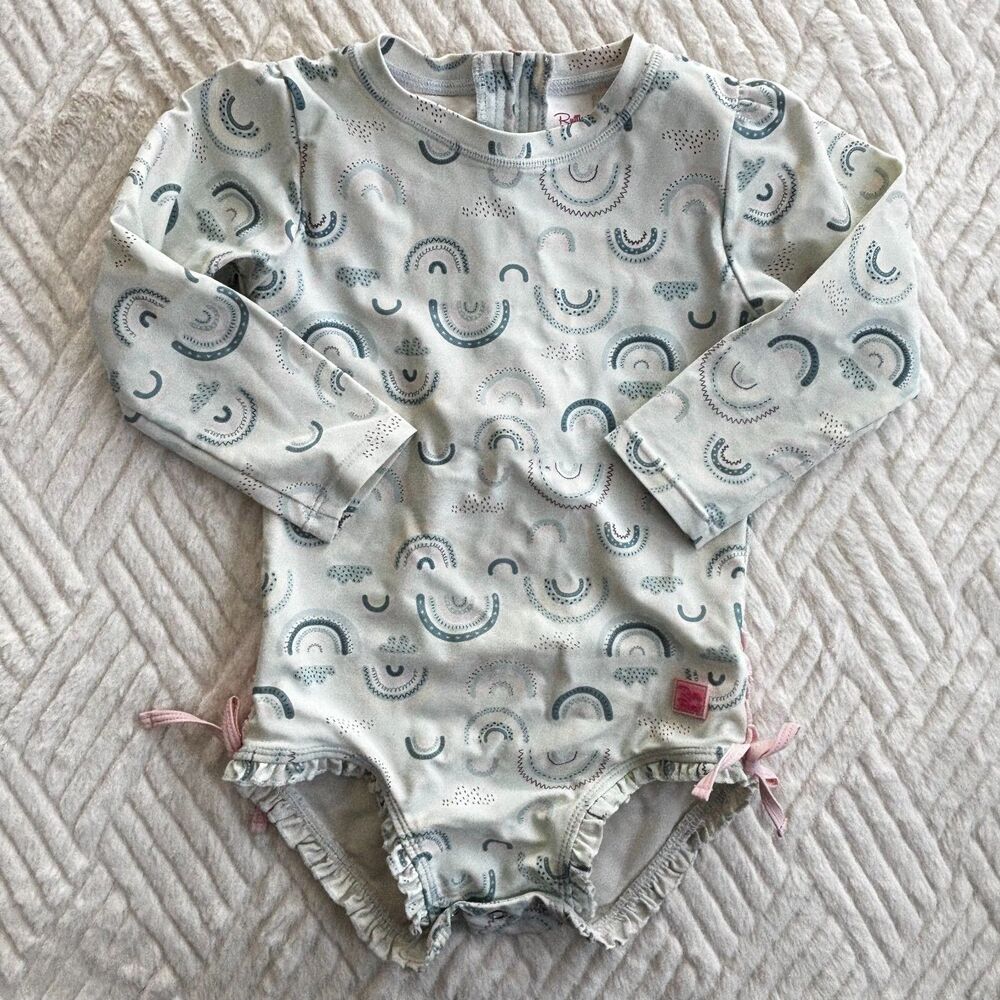 RuffleButts Girls Rash Guard One Piece Swimsuit 3T Long Sleeve Blue Rainbow
